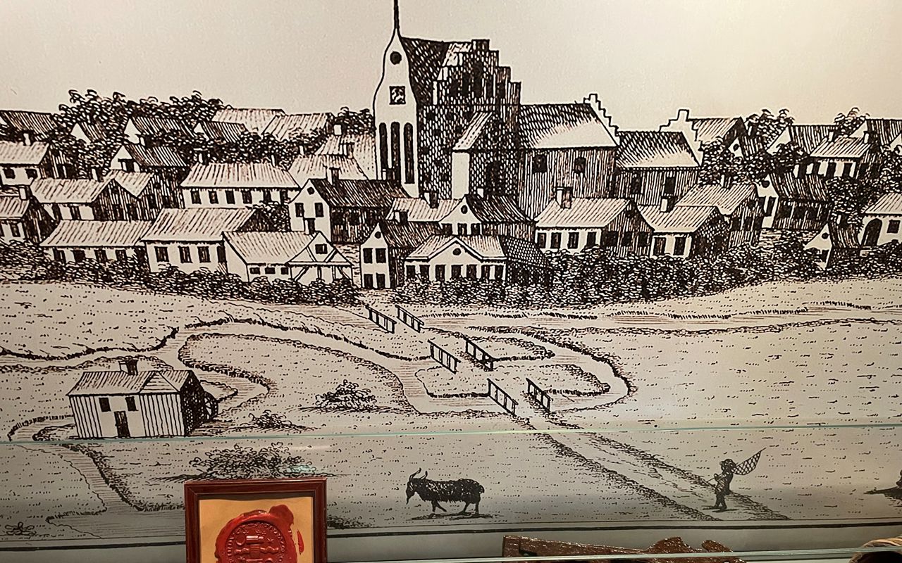 Tegning af Grenaa by i Middelalderen