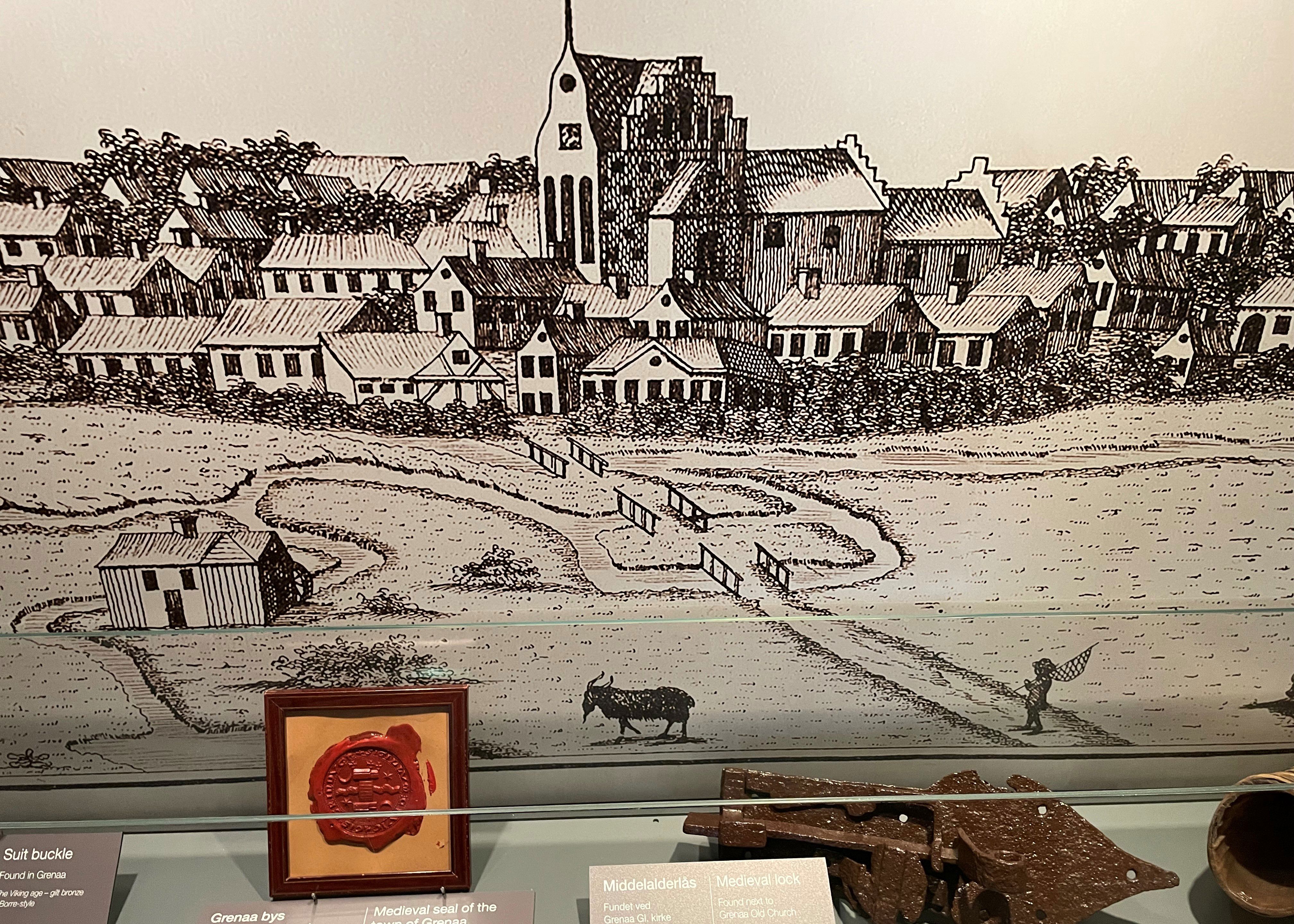 Tegning af Grenaa by i Middelalderen